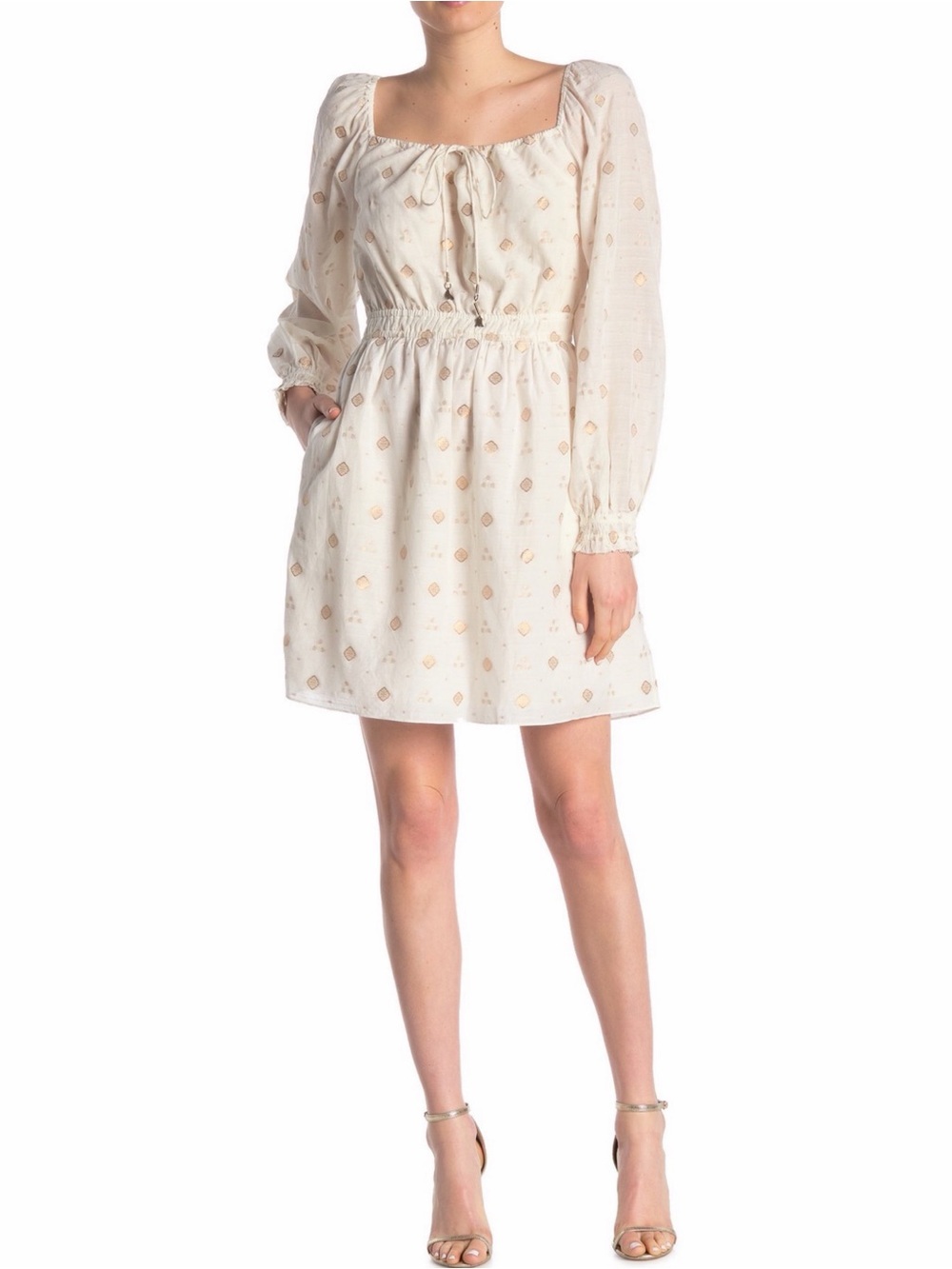 Joie Cream Mini Dress with Long Sheer Sleeves and Tie Neck